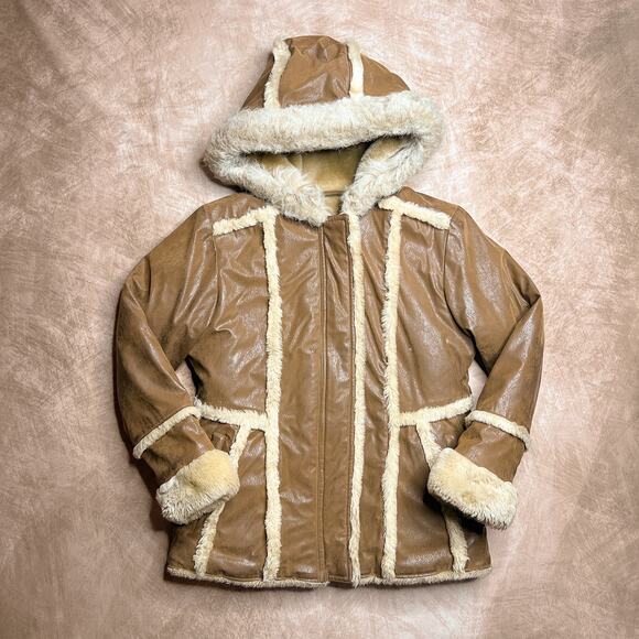 Vintage Y2K Big Chill Faux Leather Fur Hooded Zip Up Jacket Indie Sleaze McBling - Picture 12 of 12